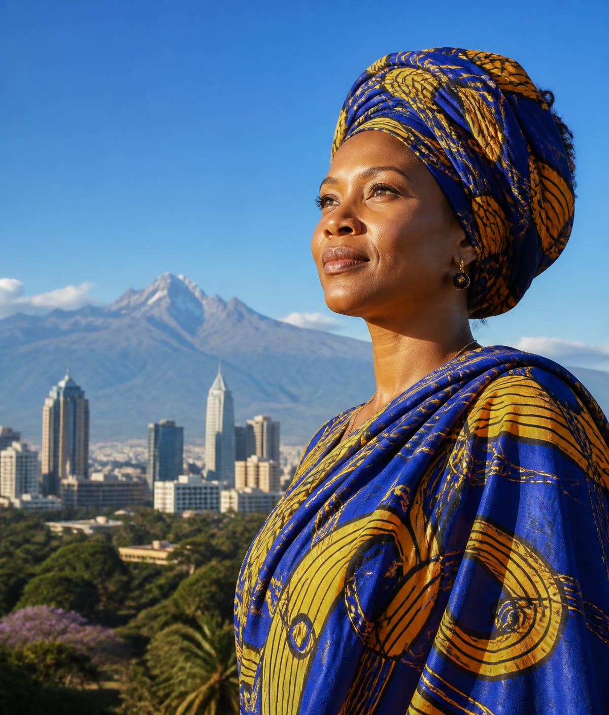 AHHS visual featuring a person in blue and gold attire against a Kenyan city backdrop