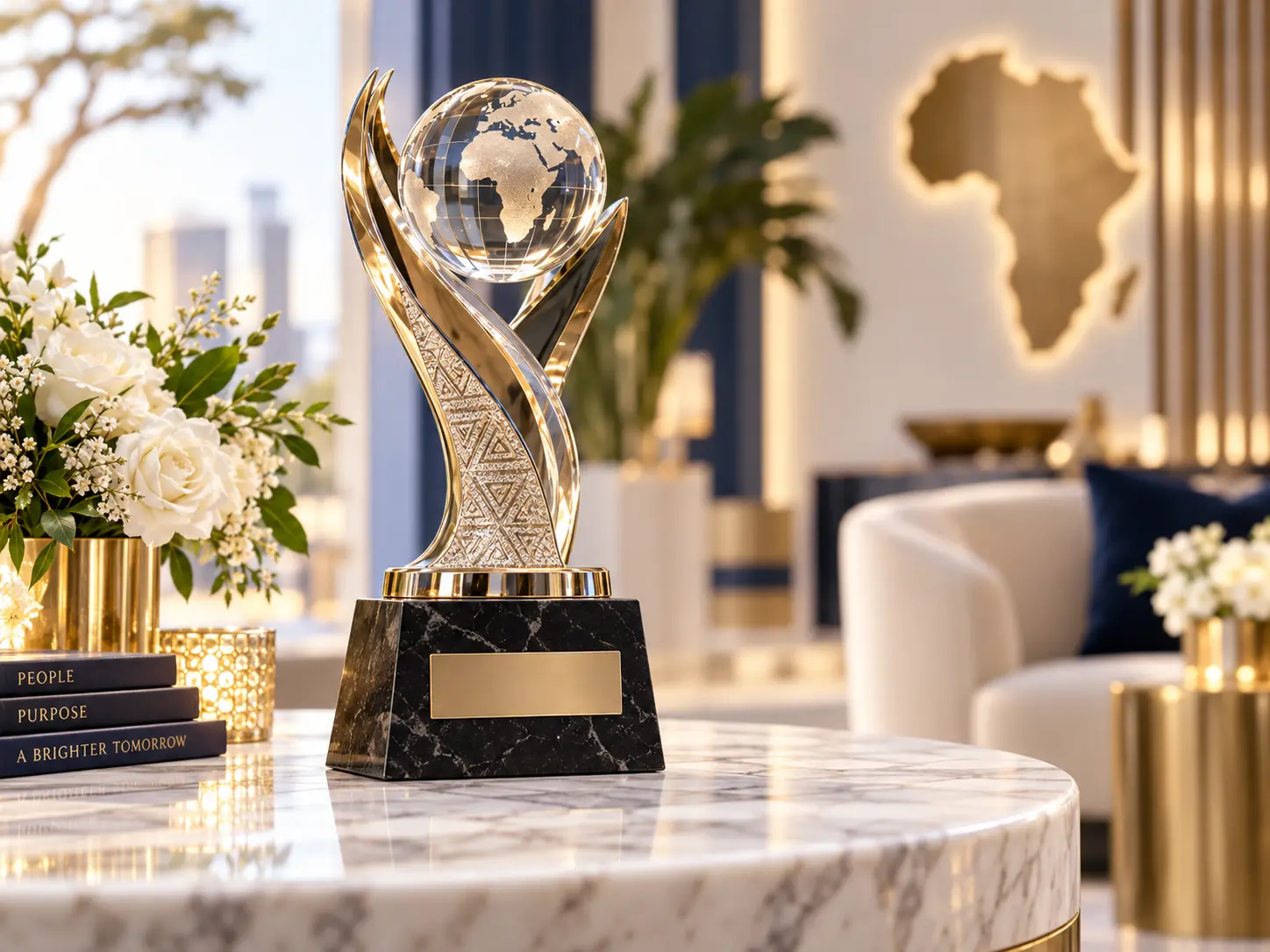 Sculptural gold and crystal humanitarian honors trophy featuring the African continent