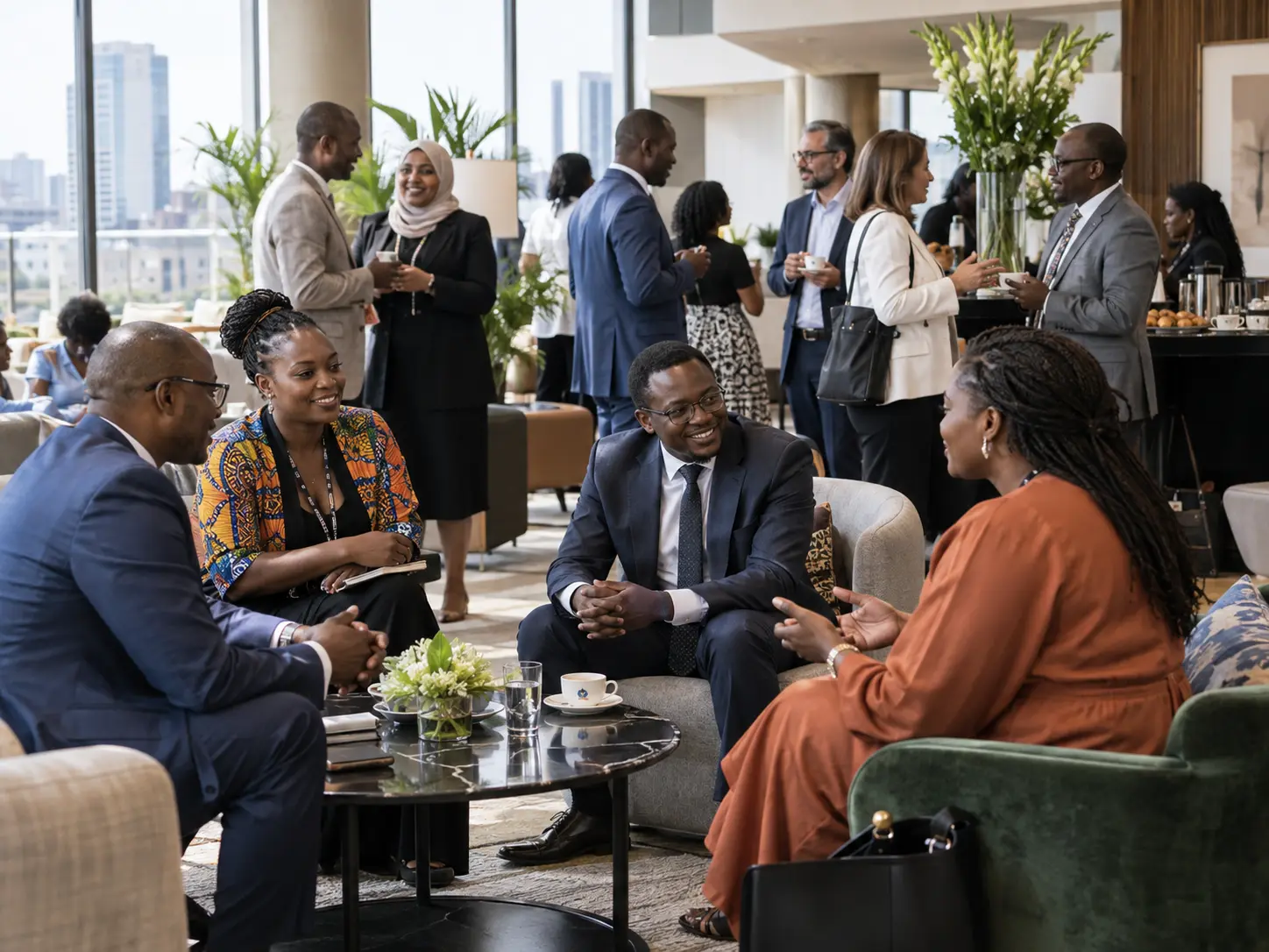 African professionals exchanging ideas in a bright networking lounge